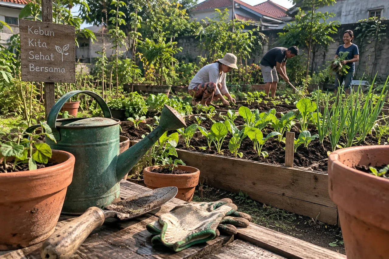 Bibit, sekop kecil, dan alat untuk merapikan kebun warga